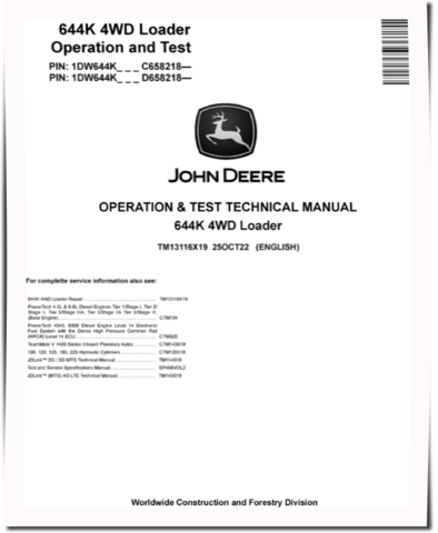 John Deere 644K (SN. from C658218, D658218) 4WD Loaders Operation and Test Manual (TM13116X19)