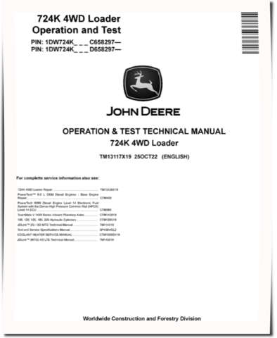 John Deere 724K (SN. from C658297, D658297) 4WD Loaders Operation and Test Manual (TM13117X19)
