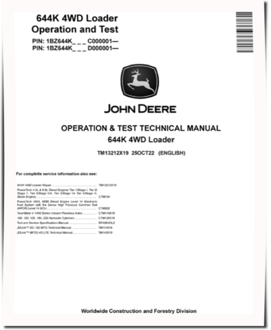 John Deere 644K (SN. from C000001, D000001) 4WD Loaders Operation and Test Manual (TM13212X19)