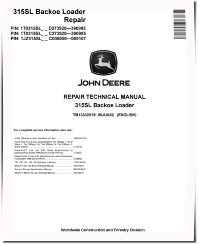 John Deere 315SL Side Shift Backhoe Loaders (SN: C273920-390995, D273920-390995)  Repair Manual (TM13302X19)