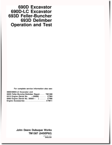 John Deere 690D, 690DLC Crawler Excavators, 699D Tracked Feller Bunchers and 699D Harvesters Operation and Test Manual (TM1387)