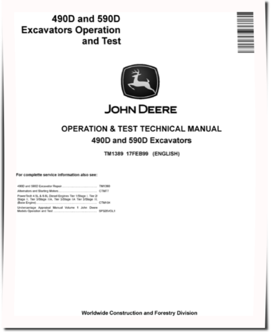 John Deere 490D and 590D Crawler Excavators Operation and Test Manual (TM1389)