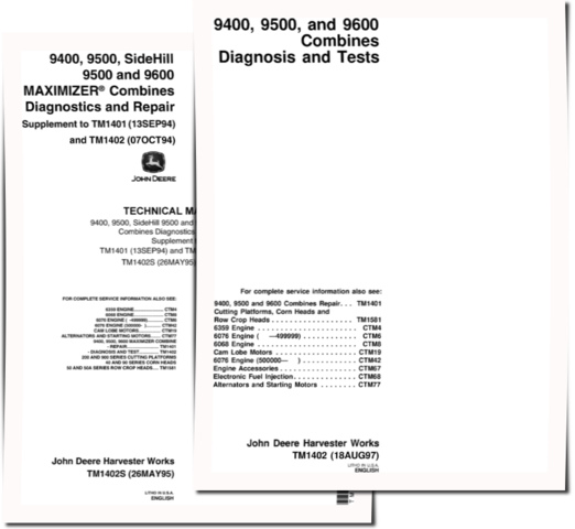 John Deere 9400, 9500, 9501, 9600, SideHill 9500 and 9600 Combines Diagnostic Manual and Supplement (TM1402)