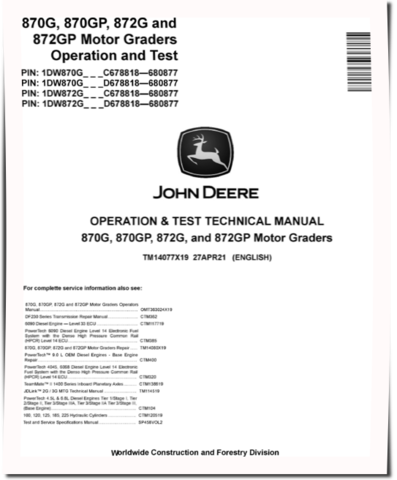John Deere 870G, 870GP, 872G and 872GP Motor Graders (SN. C678818-680877, D678818-680877) Operation and Test Manual (TM14077X19)
