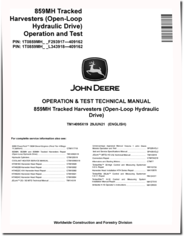 John Deere 859MH Harvesters (Open-Loop Hydraulic Drive) Operation and Test Manual (TM14095X19)