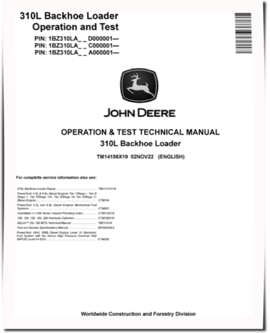 John Deere 310L Backhoe Loaders (SN. from A000001, C000001, D000001) Operation and Test Manual (TM14156X19)