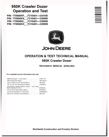 John Deere 950K Crawler Dozers (SN: F310401-338999) Operation and Test Manual (TM14164X19)