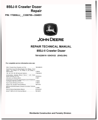John Deere 850J-II (SN: C306799-354851) Crawler Dozers Repair Manual (TM14229X19)