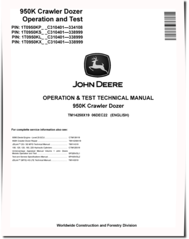 John Deere 950K Crawler Dozers (SN: C310401-338999) Operation and Test Manual (TM14258X19)