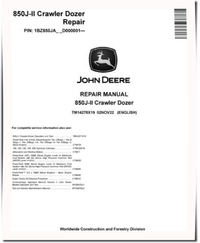 John Deere 850J-II (SN. from D000001) Crawler Dozers Repair Manual (TM14278X19)