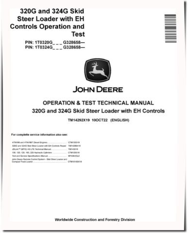John Deere 320G and 324G Skid Steer Loaders with EH Controls (SN. from G328658) Operation and Test Manual (TM14292X19)