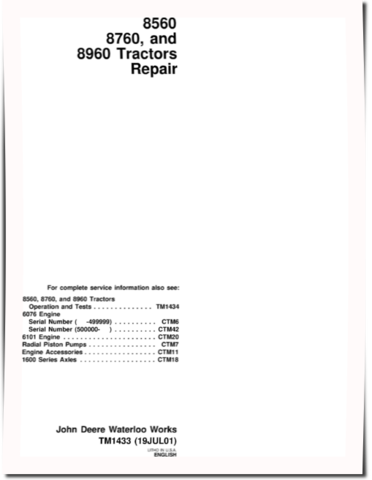John Deere 8560, 8760 and 8960 4WD Articulated Tractors Repair Manual (TM1433)