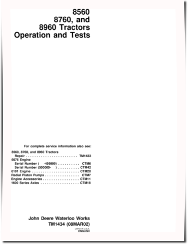 John Deere 8560, 8760 and 8960 4WD Articulated Tractors Operation and Test Manual (TM1434)