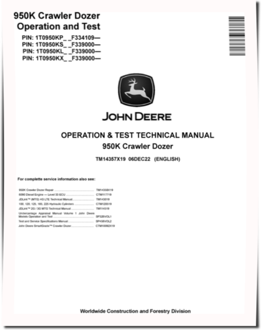 John Deere 950K Crawler Dozers (SN. from F334109) Operation and Test Manual (TM14357X19)