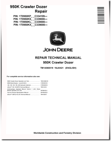 John Deere 950K Crawler Dozers (SN. from C334109) Repair Manual (TM14360X19)