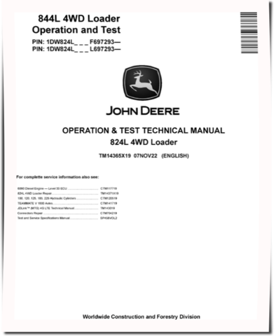 John Deere 844L (SN. from F697293, L697293) 4WD Loaders Operation and Test Manual (TM14365X19)