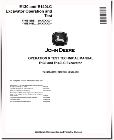 John Deere E130 and E140LC Crawler Excavators (SN. from D000001) Operation and Test Manual (TM14394X019)
