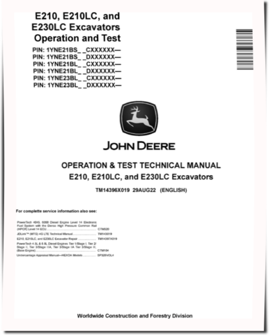 John Deere E210, E210LC and E230LC Crawler Excavators (SN. from C000001, D000001) Operation and Test Manual (TM14396X019)