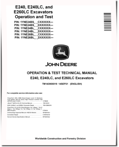 John Deere E240, E240LC and E260LC Crawler Excavators (SN. from C000001, D000001) Operation and Test Manual (TM14398X019)