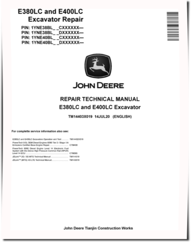 John Deere E380LC and E400LC Crawler Excavators (SN. from C000001, D000001) Repair Manual (TM14403X019)