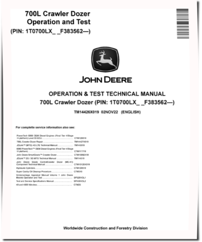 John Deere 700L (SN: F383562-) Crawler Dozers Operation and Test Manual (TM14426X019)