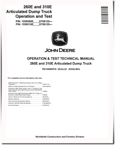 John Deere 260E and 310E Articulated Dump Trucks (SN. from D708125) Operation and Test Manual (TM14458X019)