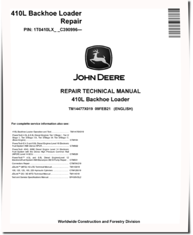 John Deere 410L (SN. from C390996) Backhoe Loaders Repair Manual (TM14477X019)