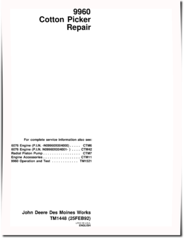 John Deere 9960 Cotton Pickers Repair Manual (TM1448)