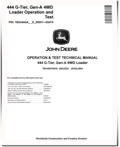 John Deere 444 G-Tier (SN. D_00001-00479) 4WD Wheel Loaders Operation and Test Manual (TM14507X019)