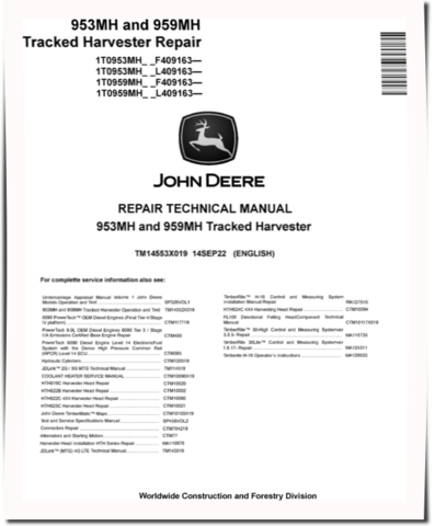 John Deere 953MH and 959MH Tracked Harvesters Repair Manual (TM14553X019)