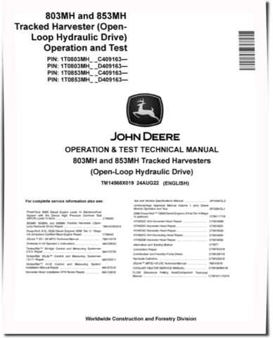John Deere 803MH and 853MH (Open Loop Hydraulic Drive) Tracked Harvesters Operation and Test Manual (TM14568X019)
