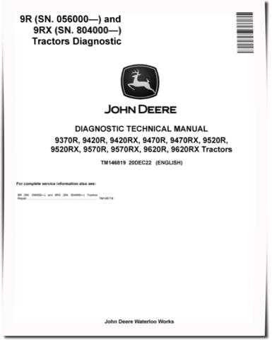 John Deere 9370R, 9420R, 9470R, 9520R, 9570R, 9620R Articulated Tractors, 9420RX, 9470RX, 9520RX, 9570RX and 9620RX Articulated Tracked Tractors Diagnostic Manual (TM146819)