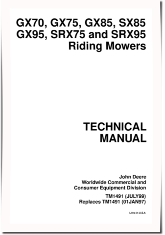 John Deere GX70, GX75, GX85, GX95, SRX75, SRX95 and SX85 Riding Mowers Technical Manual (TM1491)