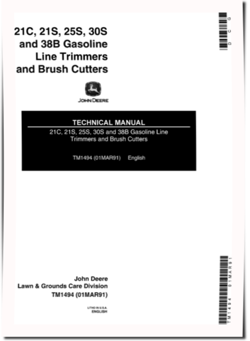 John Deere 21C, 21S, 25S, 30S and 38B Gasoline Line Trimmers and Brush Cutters Technical Manual (TM1494)
