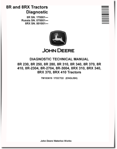 John Deere 8RX 310, 8RX 340, 8RX 370, 8RX 410 Tracked Tractors, 8R 230, 8R 250, 8R 280, 8R 310, 8R 340, 8R 370, 8R 410, 8R-2304, 8R-2704 and 8R-3004 Tractors Diagnostic Manual (TM153619)