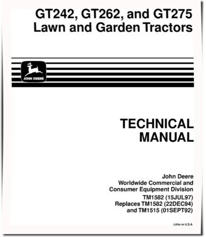 John Deere GT242, GT262 and GT275 Lawn and Garden Tractors Technical Manual (TM1582)