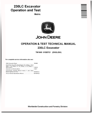 John Deere 230LC Crawler Excavators (Metric) Operation and Test Manual (TM1665)