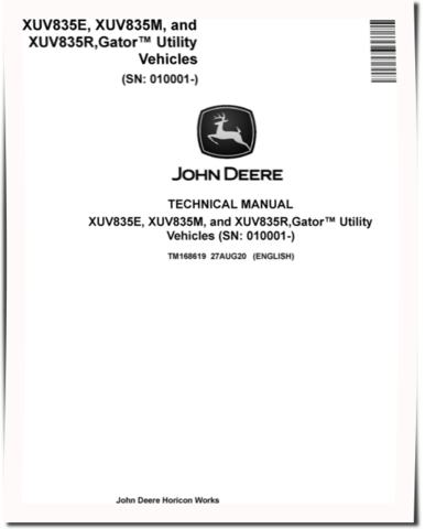 John Deere XUV835E, XUV835M and XUV835R Gator Utility Vehicles (SN: 010001-040000) Technical Manual (TM168619)