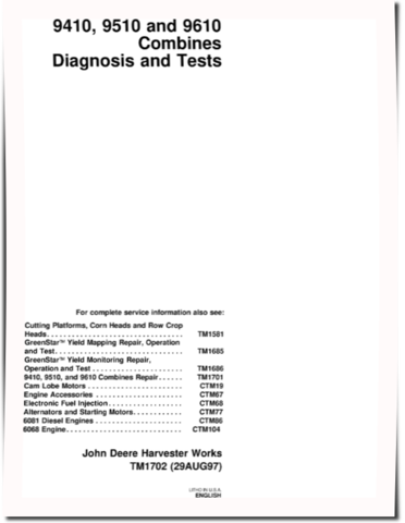 John Deere 9410, 9510 and 9610 (SN: 675201-) Combines Diagnostic Manual (TM1702)