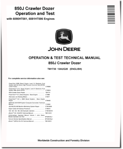 John Deere 850J Crawler Dozers with 6090HT001, 6081HT006 Engines Operation and Test Manual (TM1730)