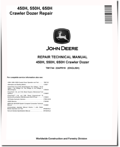 John Deere 450H, 550H and 650H Crawler Dozers Repair Manual (TM1744)