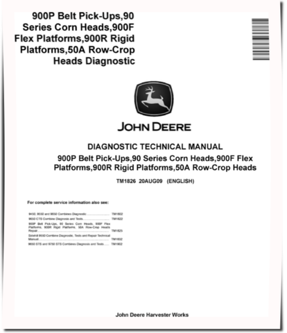 John Deere 914P Belt Pickups, 492,493,494,592,594, 692,693,693SH,694, 892,893,894, 1092,1290,1291,1293 Corn Heads, 653A, 853A Row-Crop Heads, 915F, 918F, 918R, 920F, 920R, 922F, 922R, 925F, 925R, 930F and 930R Cutting Platforms Diagnostic Manual (TM1826)