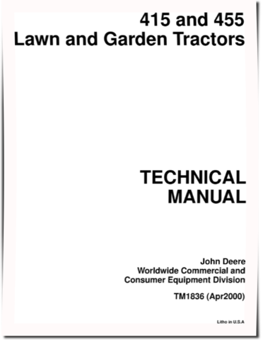 John Deere 415 and 455 Lawn and Garden Tractors Technical Manual (TM1836)