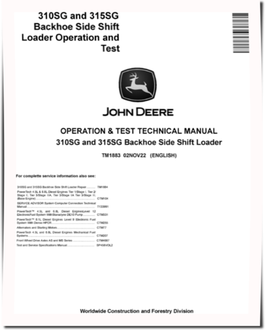 John Deere 310SG and 315SG Side Shift Backhoe Loaders Operation and Test Manual (TM1883)
