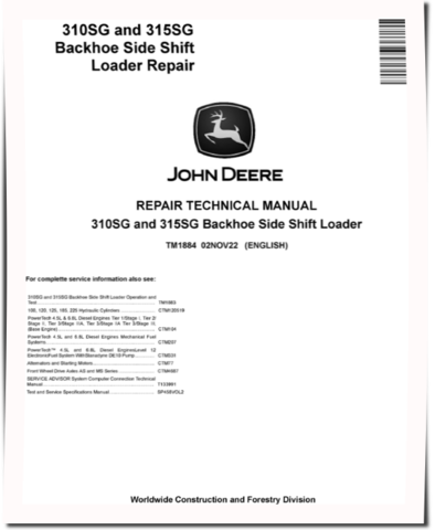 John Deere 310SG and 315SG Side Shift Backhoe Loaders Repair Manual (TM1884)