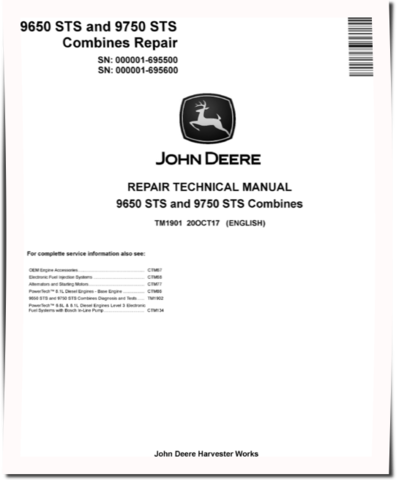 John Deere 9650 STS (SN: 000001-695500) and 9750 STS (SN: 000001-695600) Combines Repair Manual (TM1901)