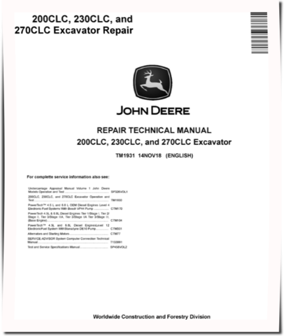 John Deere 200C LC, 230C LC and 270C LC Crawler Excavators Repair Manual (TM1931)