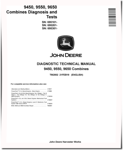 John Deere 9450 (SN. from 695101), 9550 (SN. from 695201) and 9650 (SN. from 695301) Combines Diagnostic Manual (TM2002)