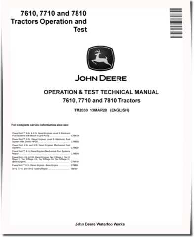 John Deere 7610, 7710 and 7810 Tractors Operation and Test Manual (TM2030)