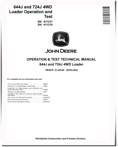 John Deere 644J (SN. before 611231) and 724J (SN. before 611218) 4WD Loaders Operation and Test Manual (TM2075)